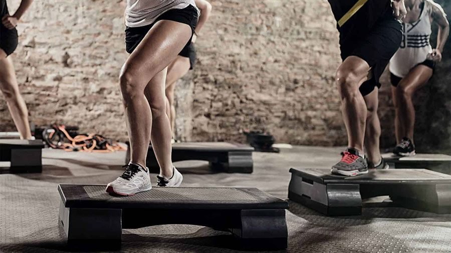 Step aerobics class